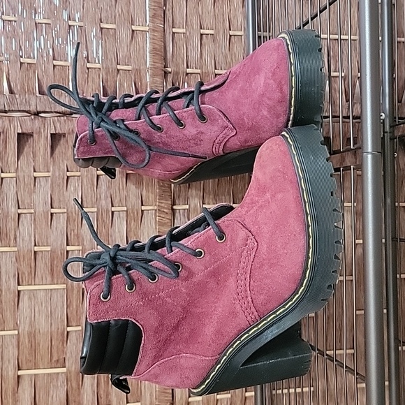 Dr. Martens Persephone Soft Buck Wine High Heel Ankle Boot - Picture 1 of 12